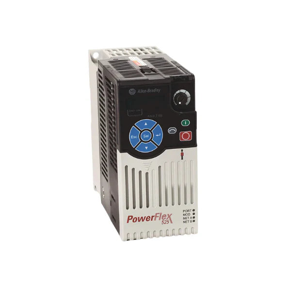 Allen-Bradley 25B-B8P0N104 PowerFlex 525 drive, 2 HP, 240V, 8A, Frame A, IP20, EtherNet/IP, STO, no filter.