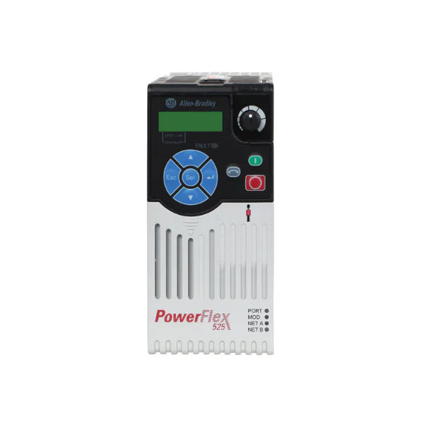 Allen-Bradley 25B-D010N104 PowerFlex 525 AC drive, 5 HP, 480V, EtherNet/IP, STO, Frame B, open type with no filter, IP20 enclosure.