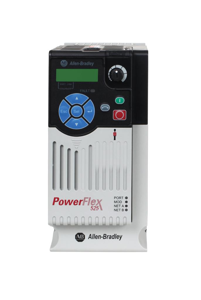 Allen-Bradley 25B-D010N114 PowerFlex 525 drive, 480V AC, 5HP, 10.5A, IP20 open type, embedded EtherNet/IP, STO, with internal filter.