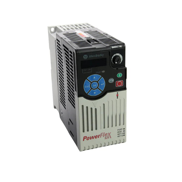 Allen-Bradley 25B-D1P4N104 PowerFlex 525 AC drive, 0.5 HP, 480V, 1.4A, Frame A, IP20 open, STO, EtherNet/IP, no EMC filter.