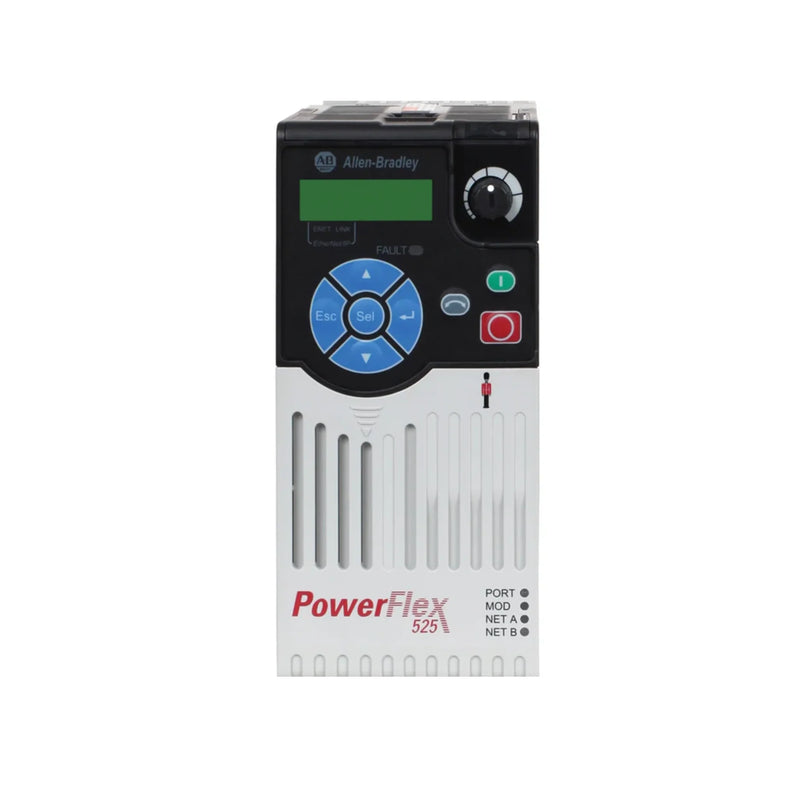 Allen-Bradley 25B-D4P0N104 PowerFlex 525 AC drive, 2 HP, 480V, Frame A, IP20 open type, embedded EtherNet/IP, no filter.