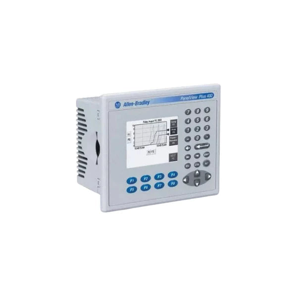 2711P-K4M20D PanelView Plus 400 HMI with 3.8-inch monochrome display, keypad input, Ethernet and RS-232 ports, 24V DC power supply.