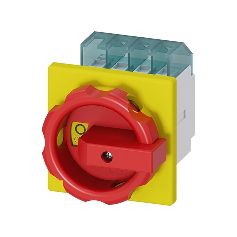 Siemens 3LD2003-0TK53 main control switch, 3-pole, 25A, yellow/red rotary handle, IP65 door-mounted disconnector for safe motor isolation.
