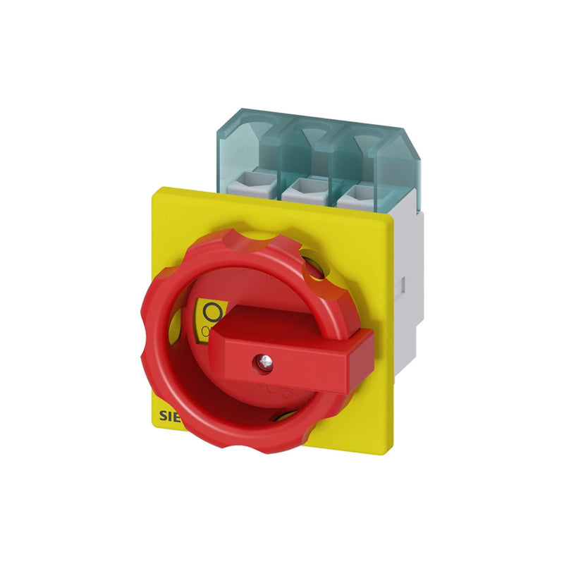 Siemens 3LD2103-0TK53 SENTRON 3LD emergency stop switch, 3-pole, 25 A, 690 V AC, red/yellow rotary handle, IP65 front protection.