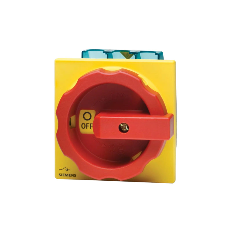 Siemens 3LD2203-0TK53 3-pole main control switch, 25A, red/yellow rotary handle, IP65, padlockable, door coupling type, for industrial disconnect applications.