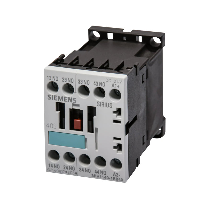 Siemens 3RH1140-1BB40 SIRIUS auxiliary contactor relay, 4 NO contacts, 24 V DC coil, size S00, screw terminals, IP20 protection.