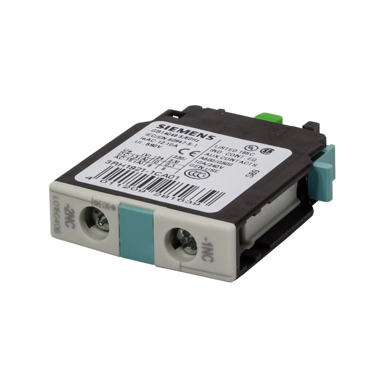 Siemens 3RH1921-1CA01 auxiliary contact block, 1 NC, front-mounted, screw terminal, compatible with 3RT1 contactors.