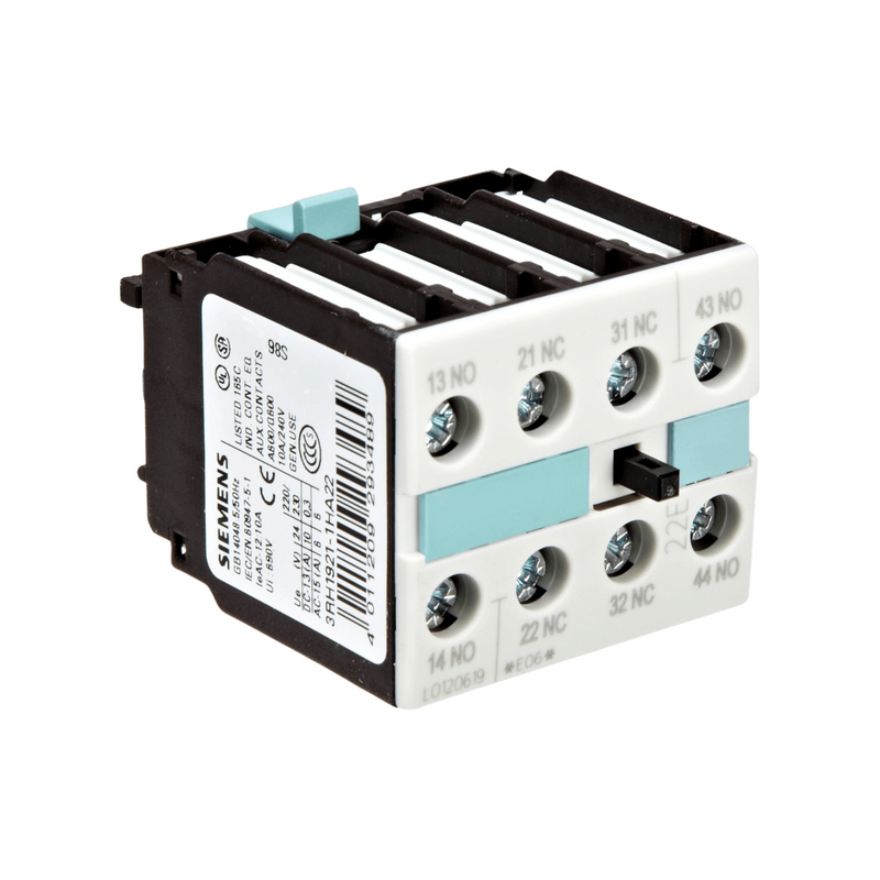 Siemens 3RH1921-1HA22 auxiliary contact block, 2NO + 2NC, front mount, screw terminal, for SIRIUS S0/S00 contactors.