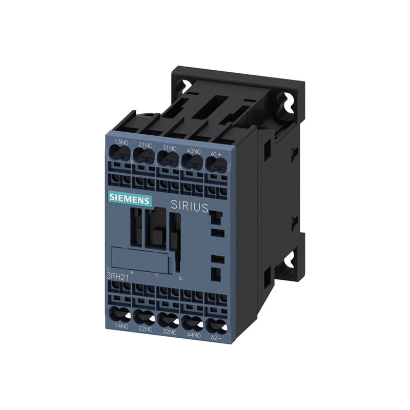 Siemens 3RH2122-2BB40 auxiliary contactor, 4-pole (2NO+2NC), 24V DC coil, size S00, screw terminals, for DIN rail, used in control and signaling applications.