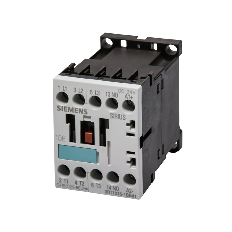 Siemens 3RT1015-1BB41 SIRIUS contactor, 9A, 3-pole, 24V DC coil, 4 kW @ 400V, screw terminals, compact IEC motor control device.