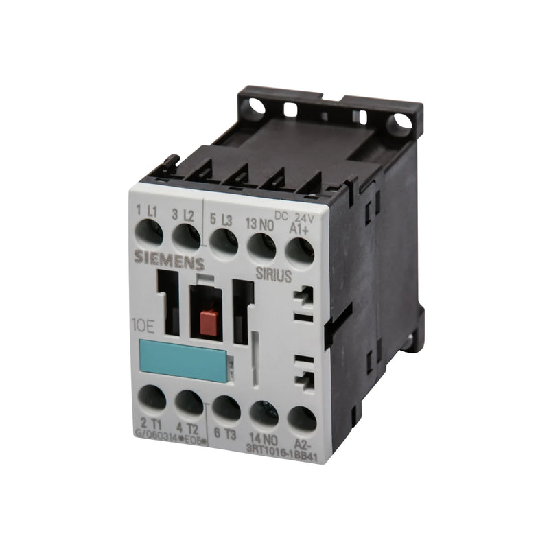 Siemens 3RT1016-1BB41 contactor, 9A, 3-pole, 24V DC coil, 1 NO auxiliary, size S00, IP20.