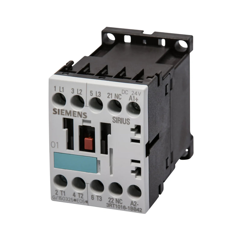 Siemens 3RT1016-1BB42 contactor, 3-pole, 9A, 24V DC coil with surge suppressor, 3NO contacts, size S00, screw terminals, for motor control.