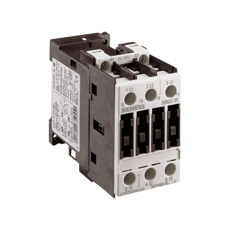 Siemens 3RT2026-1BB40 SIRIUS contactor, 3-pole, 25A, 24V DC coil, 1 NO auxiliary, size S0, screw terminals.