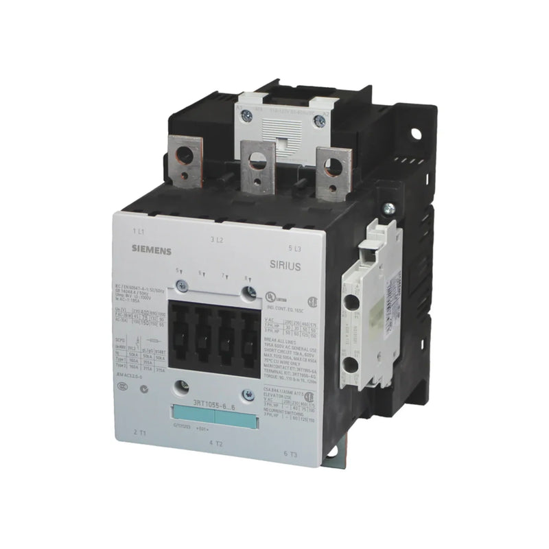 Siemens 3RT1055-6AF36 SIRIUS contactor, 3-pole, 250A, 110V AC coil, spring terminals, size S12, IP00, for high-power motor switching applications.