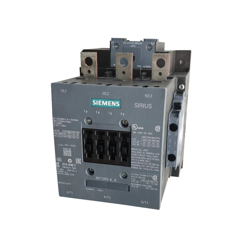 Siemens 3RT1055-6AP36 SIRIUS contactor, 3-pole, 250 A AC-3, 220V/240V AC coil, size S12, for heavy-duty industrial motor control.