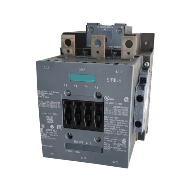 Siemens 3RT1056-6AF36 power contactor, 3-pole, 250A, 220V/240V AC coil, screw terminals, size S12, 1000V rated, for industrial motor switching.