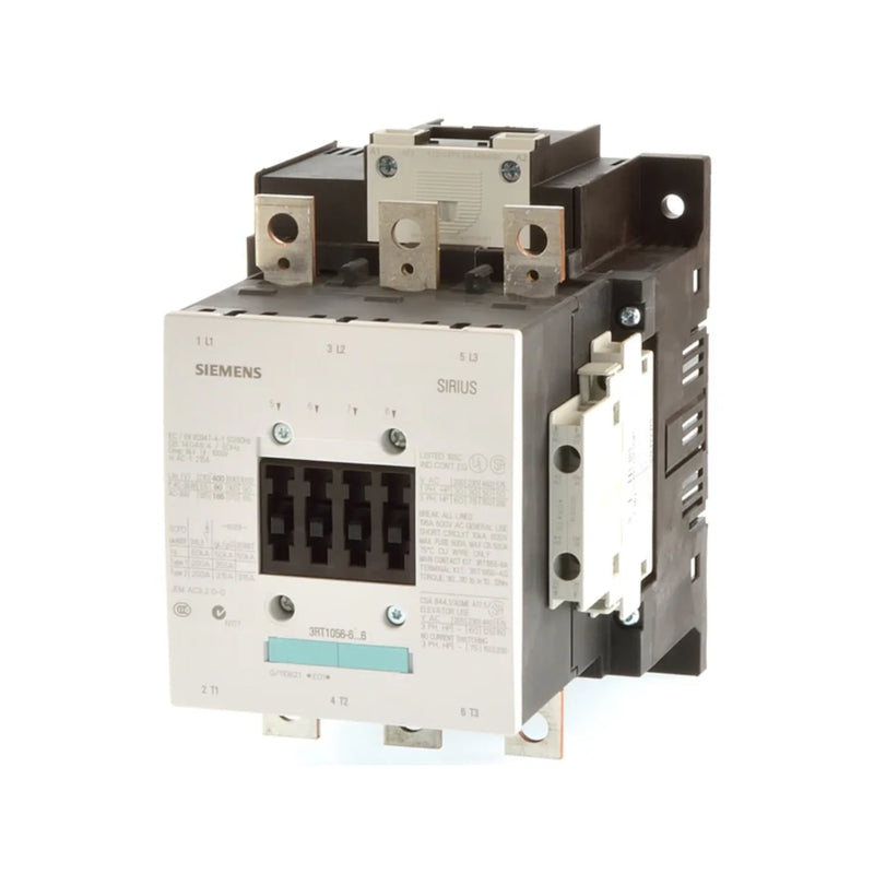 Siemens 3RT1056-6AP36 SIRIUS power contactor, 3-pole, 185 A, 90 kW at 400 V AC, 220–240 V AC/DC coil, size S6, 2 NO + 2 NC auxiliary contacts.