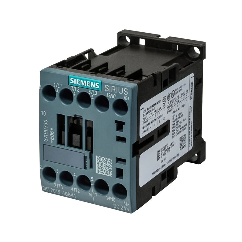 Siemens 3RT2015-1BB41 SIRIUS contactor, 3-pole, 7A, 24V DC coil, 1 NO auxiliary contact, size S00, screw terminal.
