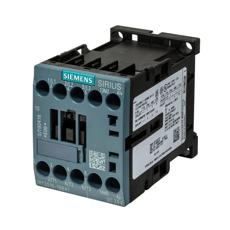 Siemens 3RT2016-1BB41 SIRIUS contactor, 3-pole, 9A, 24V DC coil, 1 NO auxiliary, screw terminal, size S00.