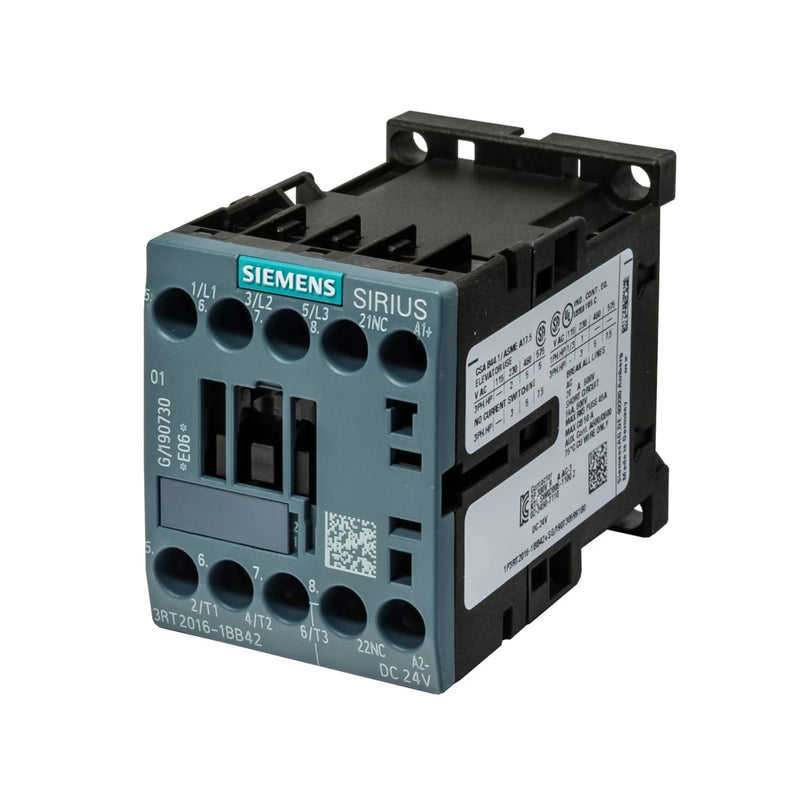 Siemens 3RT2016-1BB42 SIRIUS 3-pole contactor, 9A, 24V DC coil, size S00, screw terminal, for motor starters and industrial control.