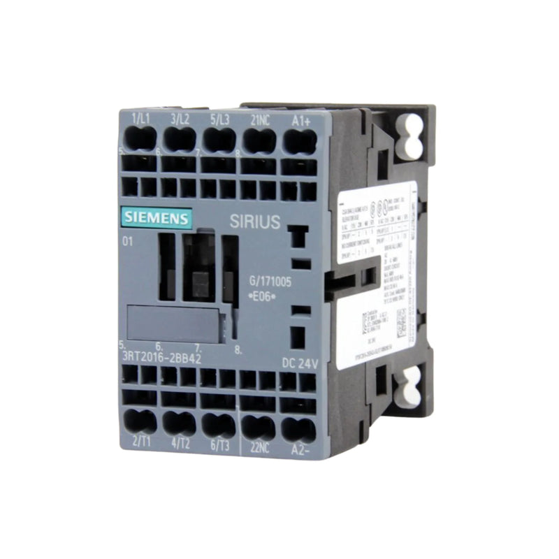 Siemens 3RT2016-2BB42 power contactor, 3-pole, 9A, 24V AC coil, auxiliary 1NO+1NC, size S00, IP20, for industrial motor control applications.