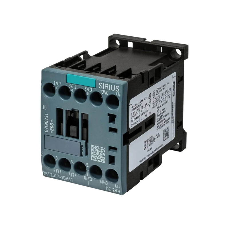 Siemens 3RT2017-1BB41 contactor, 12A, 24V DC coil, 3-pole, 1NO auxiliary, size S00, IP20.