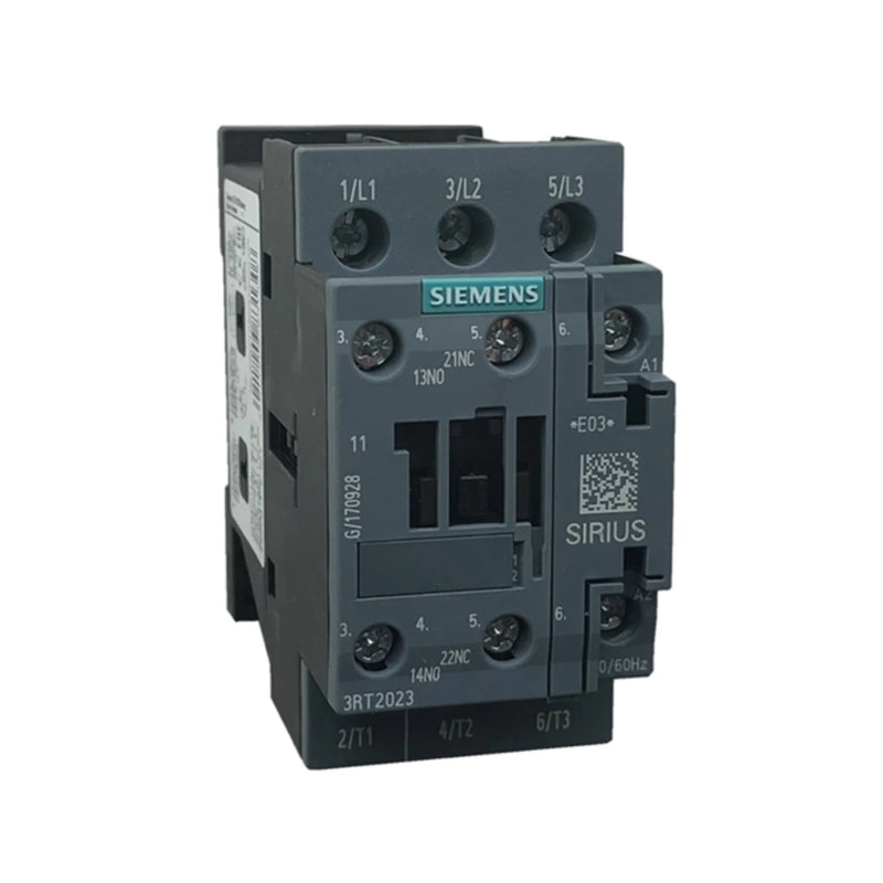 Siemens 3RT2023-1BB40 SIRIUS contactor, 3-pole, 9A, 24V DC coil, size S0, screw terminals, for motor switching and industrial control applications.
