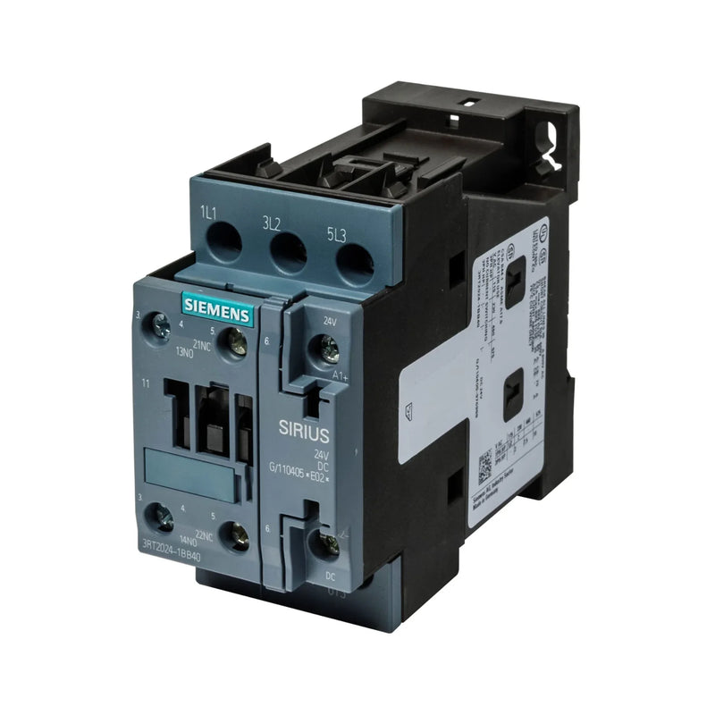 Siemens 3RT2024-1BB40 power contactor, 3-pole, 12A, 24V DC coil, auxiliary 1NO+1NC, size S0, IP20, for industrial motor control applications.