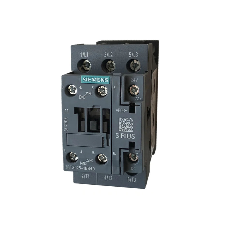 Siemens 3RT2025-1BB40 SIRIUS contactor, 3-pole, 25A, 24V DC coil, size S0, screw terminal, for motor control and automation.