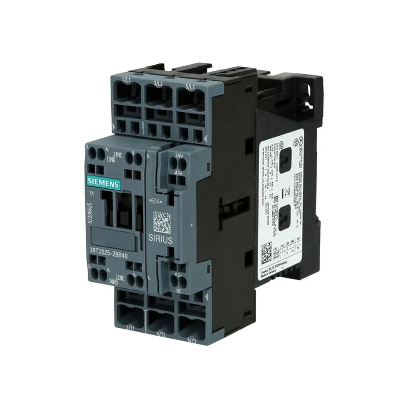 Siemens 3RT2025-2BB40 SIRIUS 3RT2 power contactor, 3-pole, 17 A, 7.5 kW @ 400 V AC, 24 V DC coil, 1 NO + 1 NC auxiliary contacts, spring terminals.