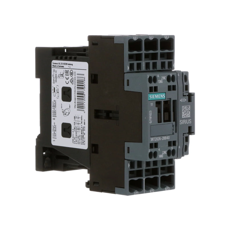 Siemens 3RT2026-2BB40 contactor, 3-pole, 32A, 24V DC coil, size S0, screw terminals, 3NO, for 15 kW motor control applications.