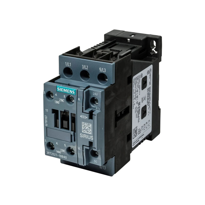 Siemens 3RT2027-1BB40 SIRIUS contactor, 3-pole, 32A, 24V DC coil, size S0, screw terminals, for motor control and switching.