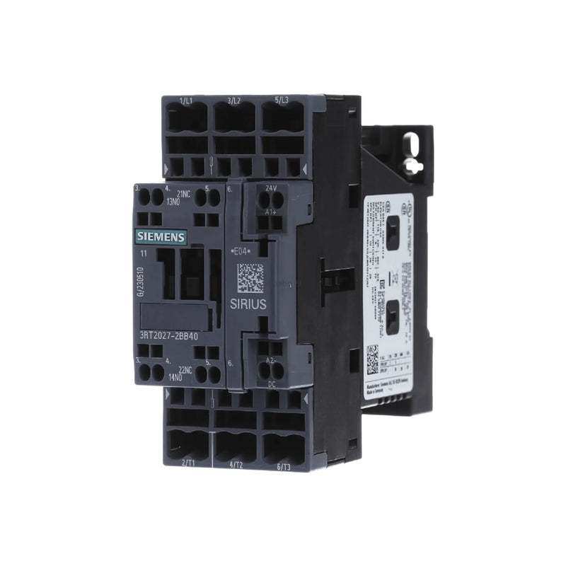 Siemens 3RT2027-2BB40 contactor, 3-pole, 32A, 24V DC coil, 1 NO + 1 NC auxiliary, spring terminals, IP20, Size S0 for motor switching.