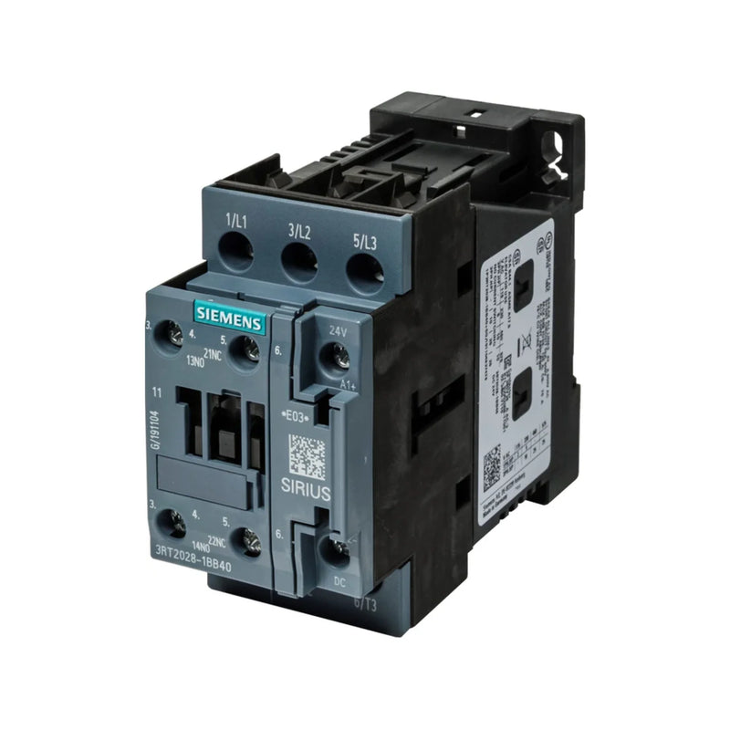 Siemens 3RT2028-1BB40 contactor, 3-pole, 40A, 24V DC coil, 3NO, size S0, screw terminals, for motors up to 18.5 kW, industrial IP20-rated device.