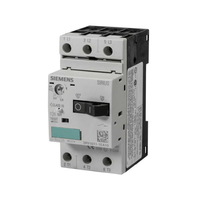 Siemens 3RV1011-1EA10 motor protection breaker, 3-pole, 1–1.6 A, 690V, S00 frame, screw terminals, for compact and reliable motor protection.