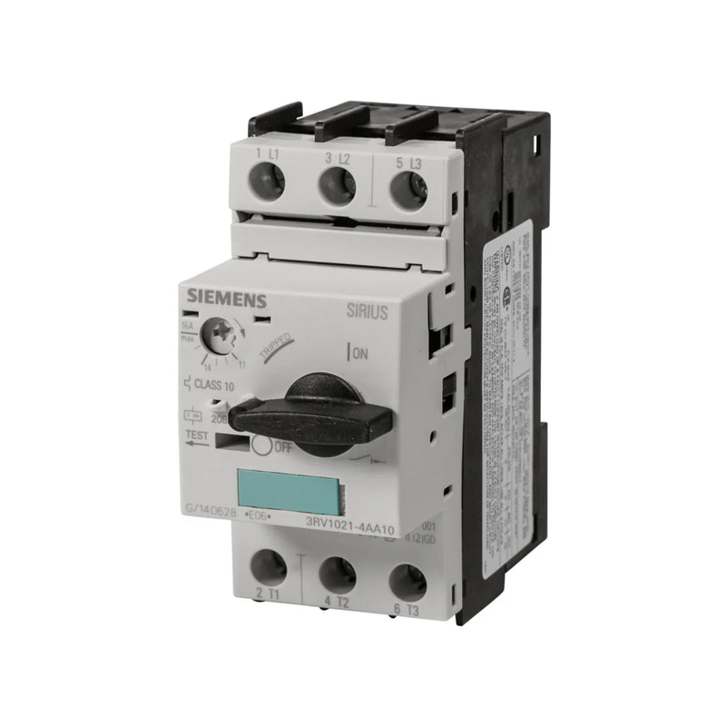 Siemens 3RV1021-4AA10 motor breaker, 13–18A, 3-pole, S0 size, IP20, for overload and short-circuit protection.