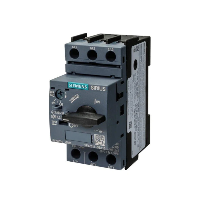 Siemens 3RV2011-0GA10 motor protection breaker, 3-pole, 4–6.3A, thermal-magnetic, size S00, IP20, DIN rail mount for industrial motor control.