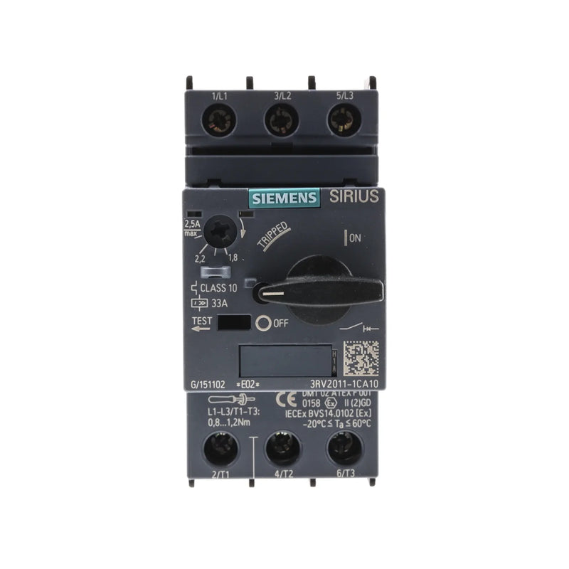 Siemens 3RV2011-1CA10 motor protection breaker, 0.4–0.63A, 3-pole, size S00, IP20, for overload and short-circuit protection.