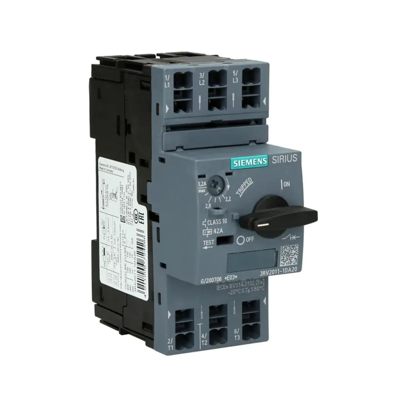 Siemens 3RV2011-1DA20 motor protection breaker, 3-pole, 1.6–2.5A, size S00, screw terminals, IP20, thermal-magnetic trip for reliable motor protection.