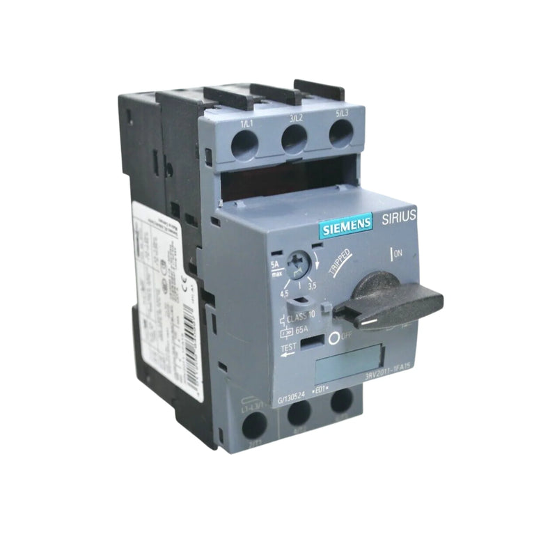 Siemens 3RV2011-1FA15 motor protection circuit breaker, 3.5–5 A, size S00, 690 V AC, 3-pole, thermal-magnetic trip, DIN rail mount.