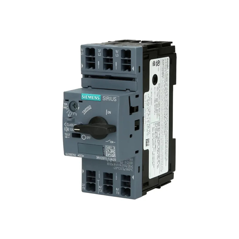 Siemens 3RV2011-1JA20 SIRIUS 3RV2 motor protection circuit breaker, 7–10 A thermal, 130 A magnetic trip, size S00, spring terminals.