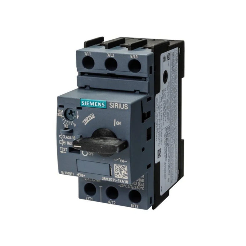 Siemens 3RV2011-1KA10 motor starter protector, 0.28–0.4A, 3-pole, Size S00, Class 10, IP20.