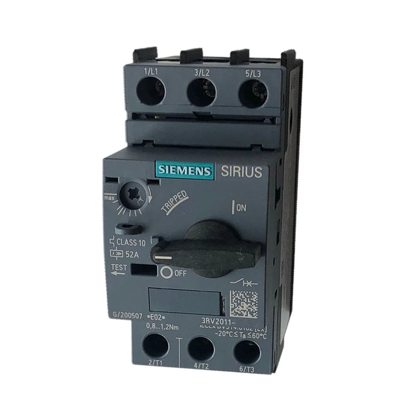 Siemens 3RV2011-4AA10 motor protection breaker, 1.6–2.5A, 3-pole, size S00, Class 10, IP20.