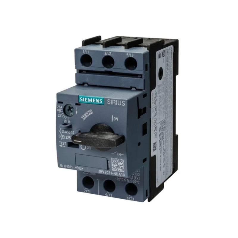 Siemens 3RV2021-4DA10 motor protection breaker, 28–40A, 3-pole, S00 size, IP20, for overload and short-circuit protection.