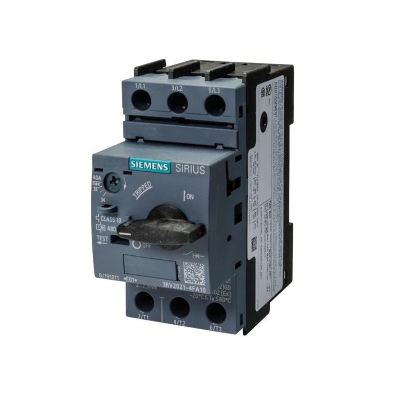 Siemens 3RV2021-4FA10 SIRIUS motor protection breaker, 3-pole, 55–70A, thermal-magnetic, size S2, DIN rail mountable.