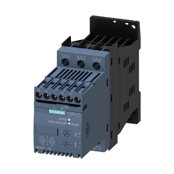Siemens 3RW3014-1BB04 SIRIUS 3RW30 soft starter, 5.5 kW, 400V, 12A, compact industrial motor starter with 24V AC/DC control voltage.