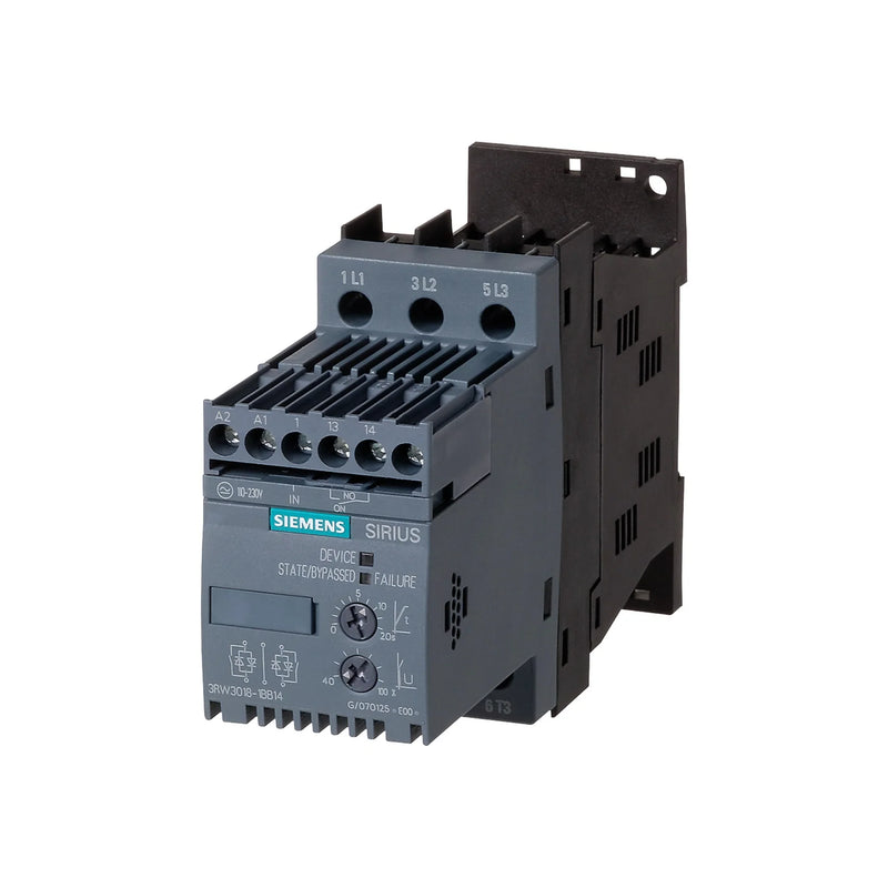 Siemens 3RW3017-1BB04 SIRIUS 3RW30 soft starter, 7.5 kW, 400V, 17A, compact design for smooth and efficient industrial motor starting.