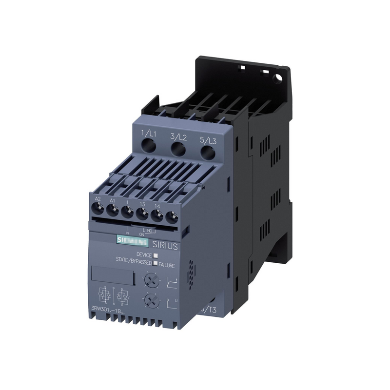 Siemens 3RW3018-1BB04 soft starter, 7.5 kW, 18A, 24V AC/DC control, compact size S0, IP20, with integrated bypass for smooth motor startup.