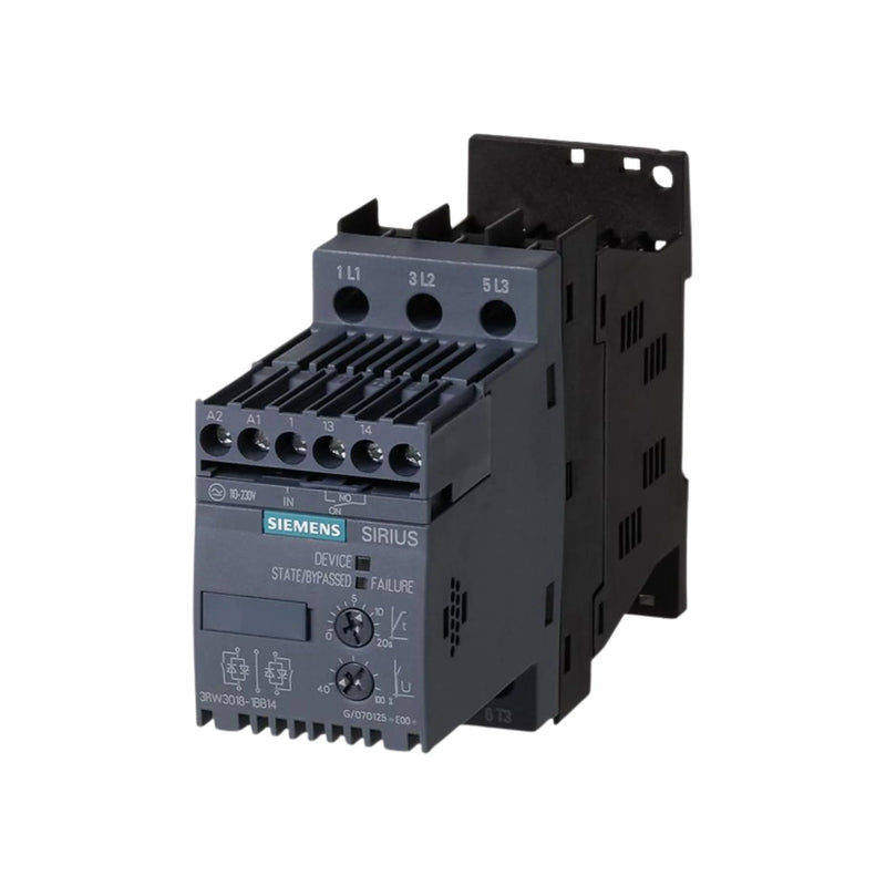 Siemens 3RW3018-1BB14 soft starter, 18 A, 7.5 kW, 24V AC/DC, size S0, IP20, for smooth motor startup in industrial automation systems.