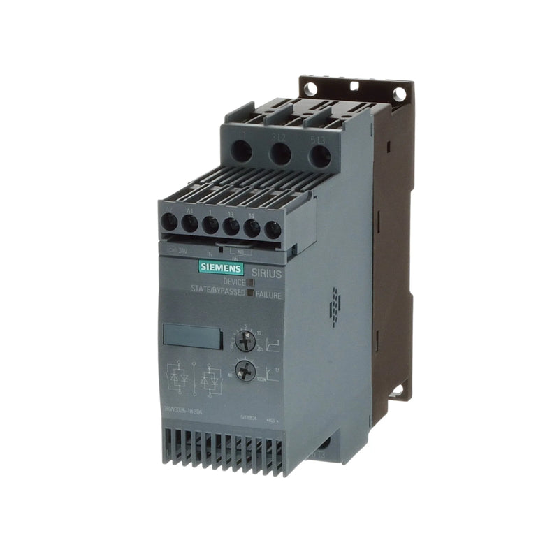 Siemens 3RW3026-1BB14 SIRIUS 3RW30 soft starter, 11 kW, 25 A, 3-phase, 200–480 V AC, 110–230 V AC/DC control voltage, compact S0 size.